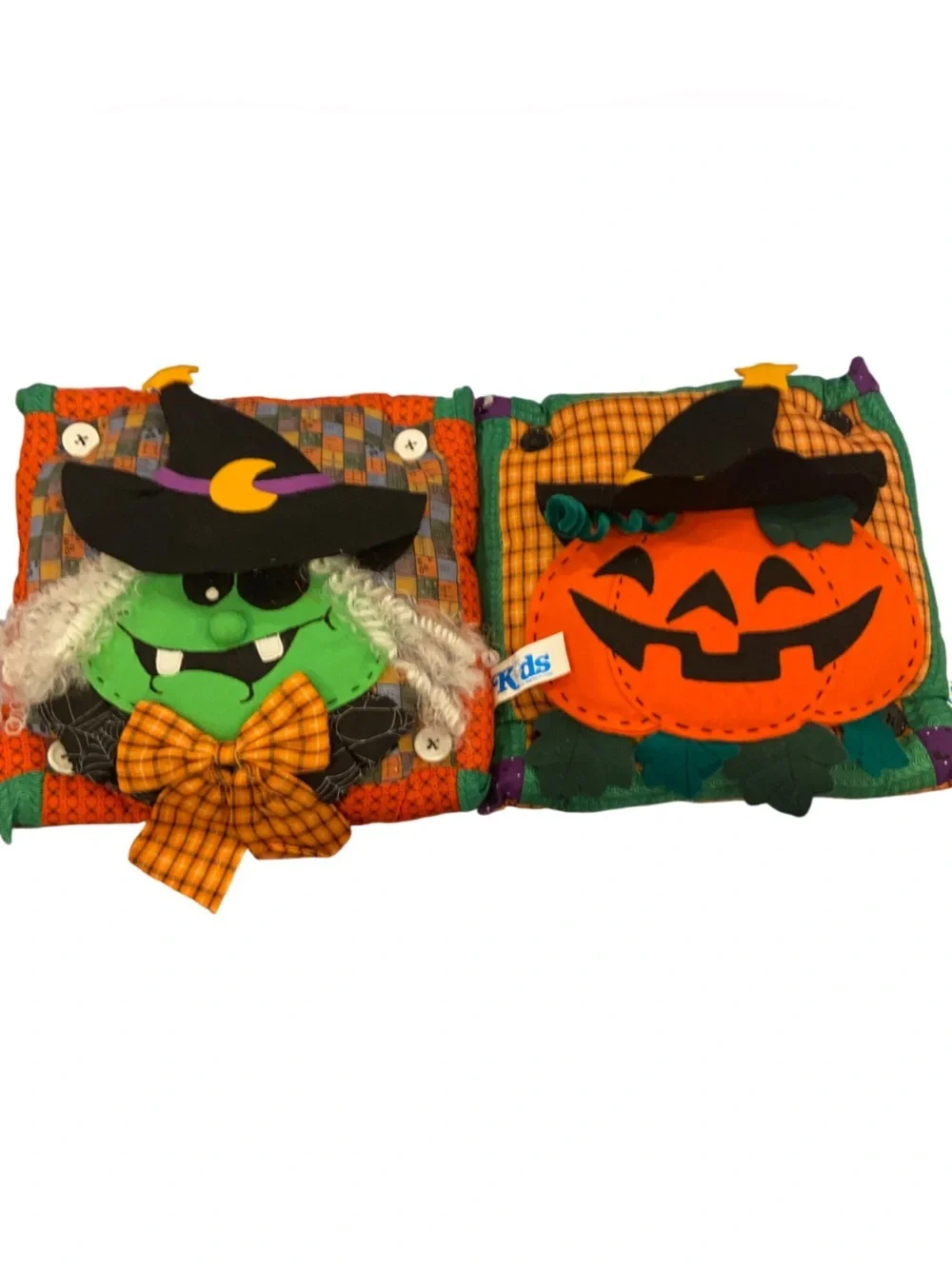 Vintage Halloween Throw Pillows Witch And Jack-o’-lantern Pair 10”x10” Lot Of 2